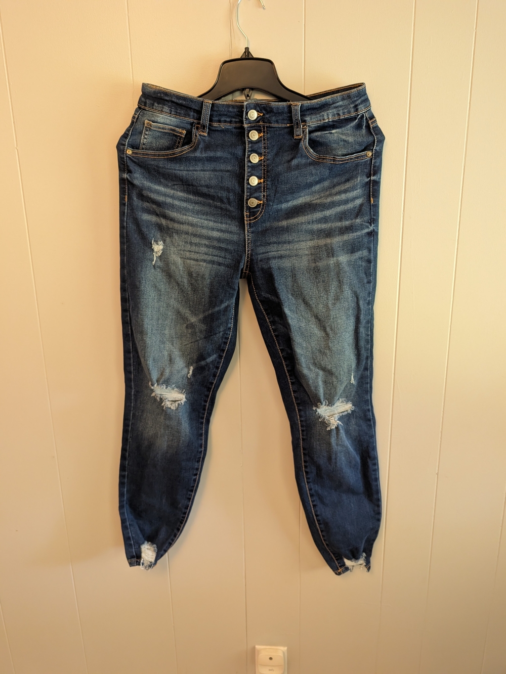 Celebrity Pink Dark Blue Distressed Boyfriend Jeans with Button Fly